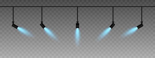 Row of adjustable spotlights emitting a soft blue glow. Angled lights create a focused beam effect, adding ambiance to a dark background. Modern interior designs, exhibitions, and stage lighting vector