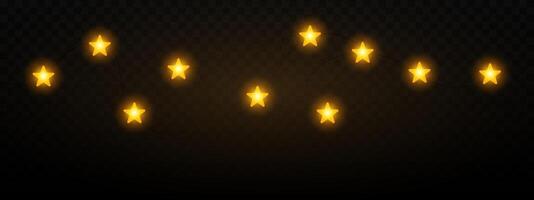 Garland of yellow gold star shaped Christmas lights hanging on a dark background, festive atmosphere. A string glowing fairy lights on a transparent background. Decorative, warm lighting vector