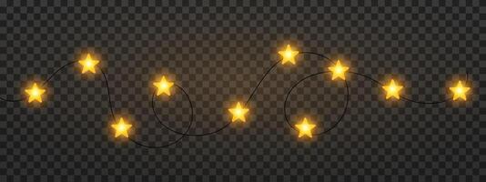 Garland of yellow gold star shaped Christmas lights hanging on a dark background, festive atmosphere. A string glowing fairy lights on a transparent background. Decorative, warm lighting vector
