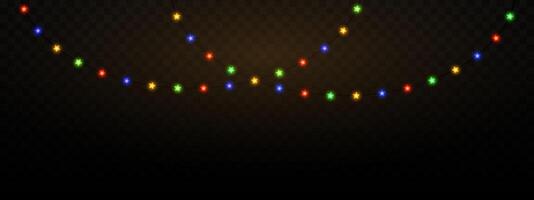 Garland of colorful star shaped Christmas lights hanging on a dark background, festive atmosphere. A string glowing fairy lights on a transparent background. Decorative, warm lighting vector
