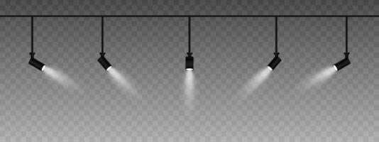 Row of adjustable spotlights emitting a soft white glow. Angled lights create a focused beam effect, adding ambiance to a dark background. Modern interior designs, exhibitions, and stage lighting vector