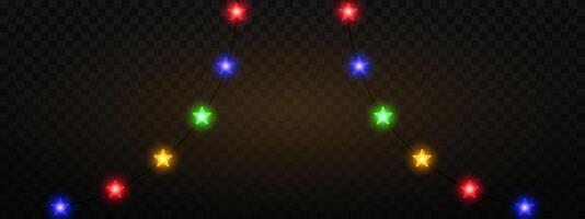 Garland of colorful star shaped Christmas lights hanging on a dark background, festive atmosphere. A string glowing fairy lights on a transparent background. Decorative, warm lighting vector
