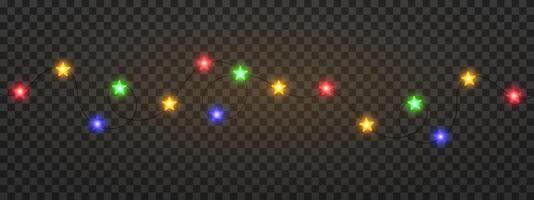 Garland of colorful star shaped Christmas lights hanging on a dark background, festive atmosphere. A string glowing fairy lights on a transparent background. Decorative, warm lighting vector