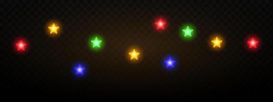 Garland of colorful star shaped Christmas lights hanging on a dark background, festive atmosphere. A string glowing fairy lights on a transparent background. Decorative, warm lighting vector