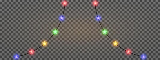 Garland of colorful star shaped Christmas lights hanging on a dark background, festive atmosphere. A string glowing fairy lights on a transparent background. Decorative, warm lighting vector