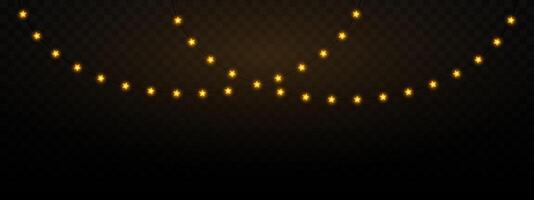 Garland of yellow gold star shaped Christmas lights hanging on a dark background, festive atmosphere. A string glowing fairy lights on a transparent background. Decorative, warm lighting vector