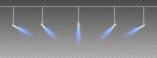 Row of adjustable spotlights emitting a soft blue glow. Angled lights create a focused beam effect, adding ambiance to a dark background. Modern interior designs, exhibitions, and stage lighting vector
