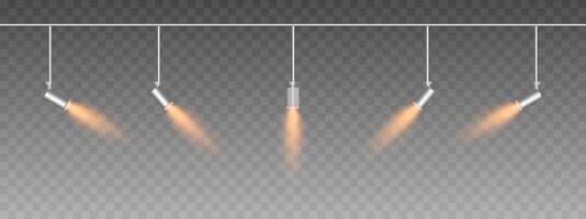 Row of adjustable spotlights emitting a soft gold glow. Angled lights create a focused beam effect, adding ambiance to a dark background. Modern interior designs, exhibitions, and stage lighting vector