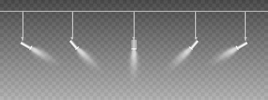 Row of adjustable spotlights emitting a soft white glow. Angled lights create a focused beam effect, adding ambiance to a dark background. Modern interior designs, exhibitions, and stage lighting vector