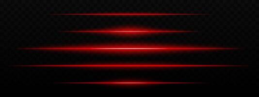 Intense red horizontal light streaks with a glow effect on a dark background. Suitable for futuristic themes, sci-fi effects, or digital transitions. vector