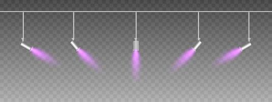 Row of adjustable spotlights emitting a soft pink glow. Angled lights create a focused beam effect, adding ambiance to a dark background. Modern interior designs, exhibitions, and stage lighting vector
