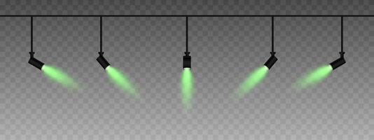 Row of adjustable spotlights emitting a soft green glow. Angled lights create a focused beam effect, adding ambiance to a dark background. Modern interior designs, exhibitions, and stage lighting vector