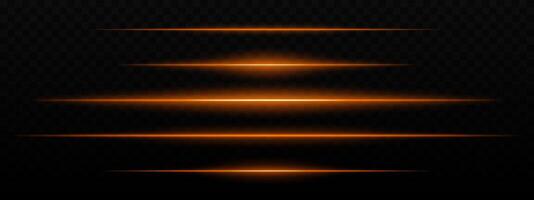 Intense orange horizontal light streaks with a glow effect on a dark background. Suitable for futuristic themes, sci-fi effects, or digital transitions. vector