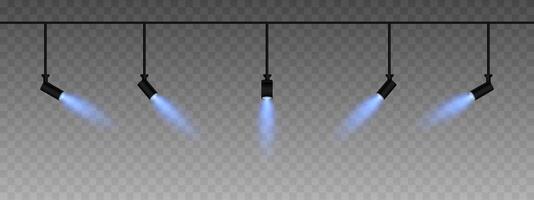 Row of adjustable spotlights emitting a soft blue glow. Angled lights create a focused beam effect, adding ambiance to a dark background. Modern interior designs, exhibitions, and stage lighting vector