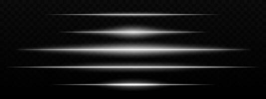 Intense white horizontal light streaks with a glow effect on a dark background. Suitable for futuristic themes, sci-fi effects, or digital transitions. vector