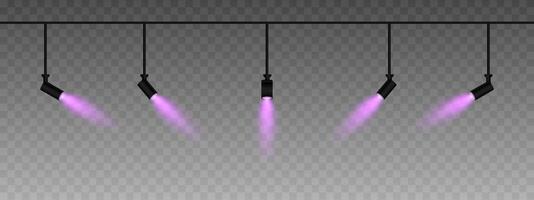 Row of adjustable spotlights emitting a soft pink glow. Angled lights create a focused beam effect, adding ambiance to a dark background. Modern interior designs, exhibitions, and stage lighting vector