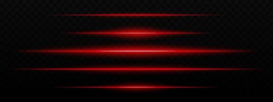 Intense red horizontal light streaks with a glow effect on a dark background. Suitable for futuristic themes, sci-fi effects, or digital transitions. vector