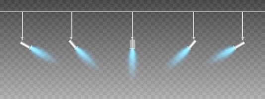 Row of adjustable spotlights emitting a soft blue glow. Angled lights create a focused beam effect, adding ambiance to a dark background. Modern interior designs, exhibitions, and stage lighting vector