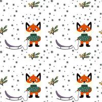 Christmas seamless pattern, Fairytale red fox animals with a sled, , twigs, snowflakes, white background. Baby texture for fabric, nursery decoration, textiles, apparel. vector