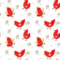 Seamless pattern with cute red chickens, hens, grains, corn, leaves and branches on white background. Seamless speckled hens pattern. Funny fabric print. Chicken illustration. vector