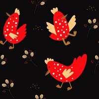 Seamless pattern with cute red chickens, hens, grains, corn, leaves and branches. Seamless farm pattern of hens among flowers on black background, countryside. Funny fabric print vector
