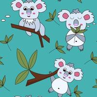 Seamless pattern with hand drawn cute koala and leaves for children's textiles and decoration on green background. Baby seamless pattern vector