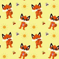 Seamless pattern with cute foxes, summer, sun, butterfly on yellow background. Baby texture for fabric, nursery decoration, textiles, apparel. illustration vector