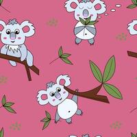 Seamless Pattern with Cute Cartoon Koala and tree branch on Pink Background. Baby seamless pattern for wrapping paper, fabric prints and postcards. vector