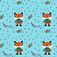Christmas seamless pattern, Fairytale red fox animals with a sled, twigs, snowflakes, white background. Baby texture for fabric, nursery decoration, textiles, apparel. vector