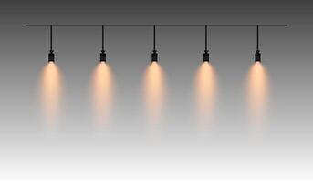 Row of yellow spotlights hanging from a track. Soft glow illuminating downward, creating a modern lighting effect. Ideal for stage lighting, exhibitions, and interior designs. Stage light vector
