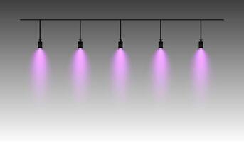 Row of purple spotlights hanging from a track. Soft glow illuminating downward, creating a modern lighting effect. Ideal for stage lighting, exhibitions, and interior designs. Stage light vector