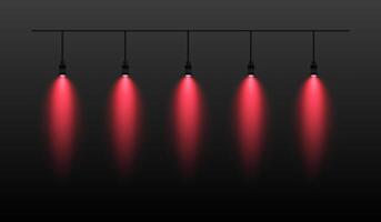Row of red spotlights hanging from a track. Soft glow illuminating downward, creating a modern lighting effect. Ideal for stage lighting, exhibitions, and interior designs. Stage light vector