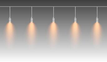 Row of yellow spotlights hanging from a track. Soft glow illuminating downward, creating a modern lighting effect. Ideal for stage lighting, exhibitions, and interior designs. Stage light vector