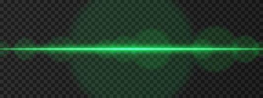 Intense green horizontal laser beam. Bright, focused light with lens flares and glow effects. Sci-fi design, futuristic highlights, and energy flow on a dark background. vector