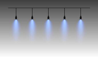 Row of blue spotlights hanging from a track. Soft glow illuminating downward, creating a modern lighting effect. Ideal for stage lighting, exhibitions, and interior designs. Stage light vector