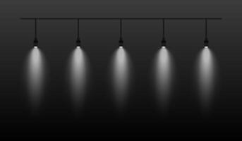 Row of white spotlights hanging from a track. Soft glow illuminating downward, creating a modern lighting effect. Ideal for stage lighting, exhibitions, and interior designs. Stage light vector
