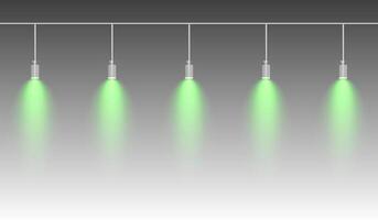 Row of green spotlights hanging from a track. Soft glow illuminating downward, creating a modern lighting effect. Ideal for stage lighting, exhibitions, and interior designs. Stage light vector