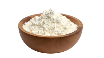 Isolated image of white flour in a wooden bowl, ideal for use in food-related graphics and recipes. png