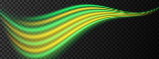 Green and yellow light wave beam. A smooth, flowing design with vibrant red glow. Sci-fi visuals, light transitions, futuristic effects. Glowing light streaks create a dynamic, sleek background. vector