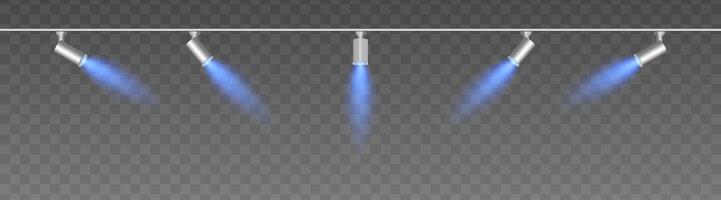 Row of adjustable spotlights with warm blue glow, casting angled beams. Modern lighting setup suitable for stage, exhibition, or interior decor, adding ambiance against a dark background vector