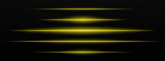 Intense yellow horizontal light streaks with a glow effect on a dark background. Suitable for futuristic themes, sci-fi effects, or digital transitions. vector
