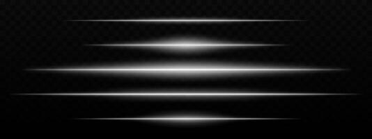 Intense white horizontal light streaks with a glow effect on a dark background. Suitable for futuristic themes, sci-fi effects, or digital transitions. vector