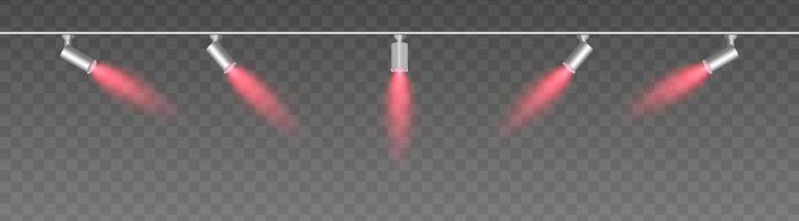 Row of adjustable spotlights with warm red glow, casting angled beams. Modern lighting setup suitable for stage, exhibition, or interior decor, adding ambiance against a dark background vector