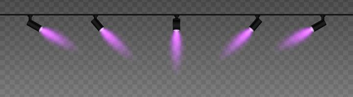 Row of adjustable spotlights with warm purple glow, casting angled beams. Modern lighting setup suitable for stage, exhibition, or interior decor, adding ambiance against a dark background vector