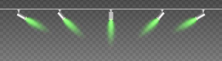 Row of adjustable spotlights with warm green glow, casting angled beams. Modern lighting setup suitable for stage, exhibition, or interior decor, adding ambiance against a dark background vector