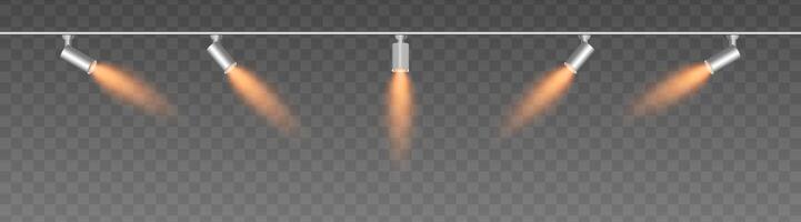 Row of adjustable spotlights with warm orange glow, casting angled beams. Modern lighting setup suitable for stage, exhibition, or interior decor, adding ambiance against a dark background vector