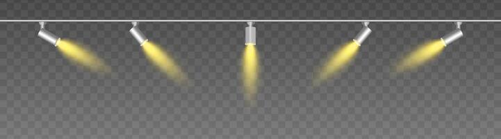 Row of adjustable spotlights with warm yellow glow, casting angled beams. Modern lighting setup suitable for stage, exhibition, or interior decor, adding ambiance against a dark background vector