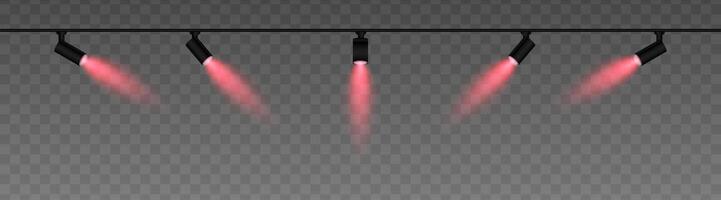 Row of adjustable spotlights with warm red glow, casting angled beams. Modern lighting setup suitable for stage, exhibition, or interior decor, adding ambiance against a dark background vector