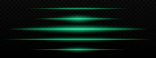 Intense green horizontal light streaks with a glow effect on a dark background. Suitable for futuristic themes, sci-fi effects, or digital transitions. vector