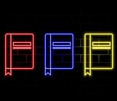 Neon open book icon. Glowing neon book sign, outline textbook silhouette in vivid colors. Online bookstore and library, literature, handbook and diary. icon set, sign, pictogram for UI vector